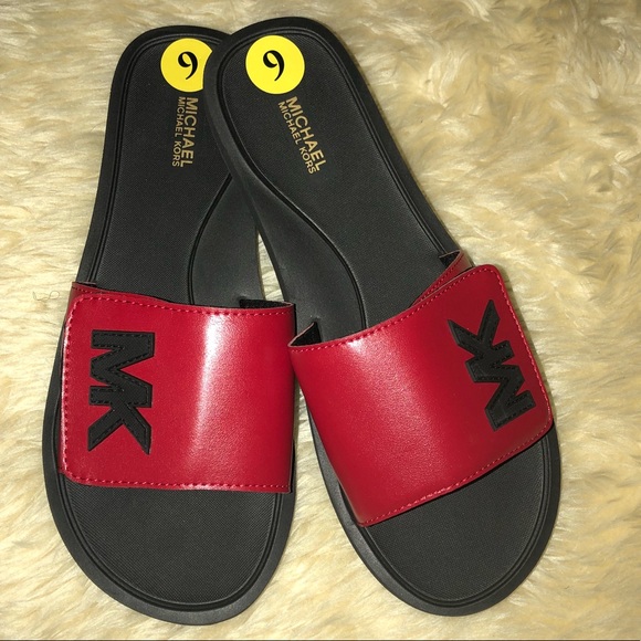 red michael kors slides
